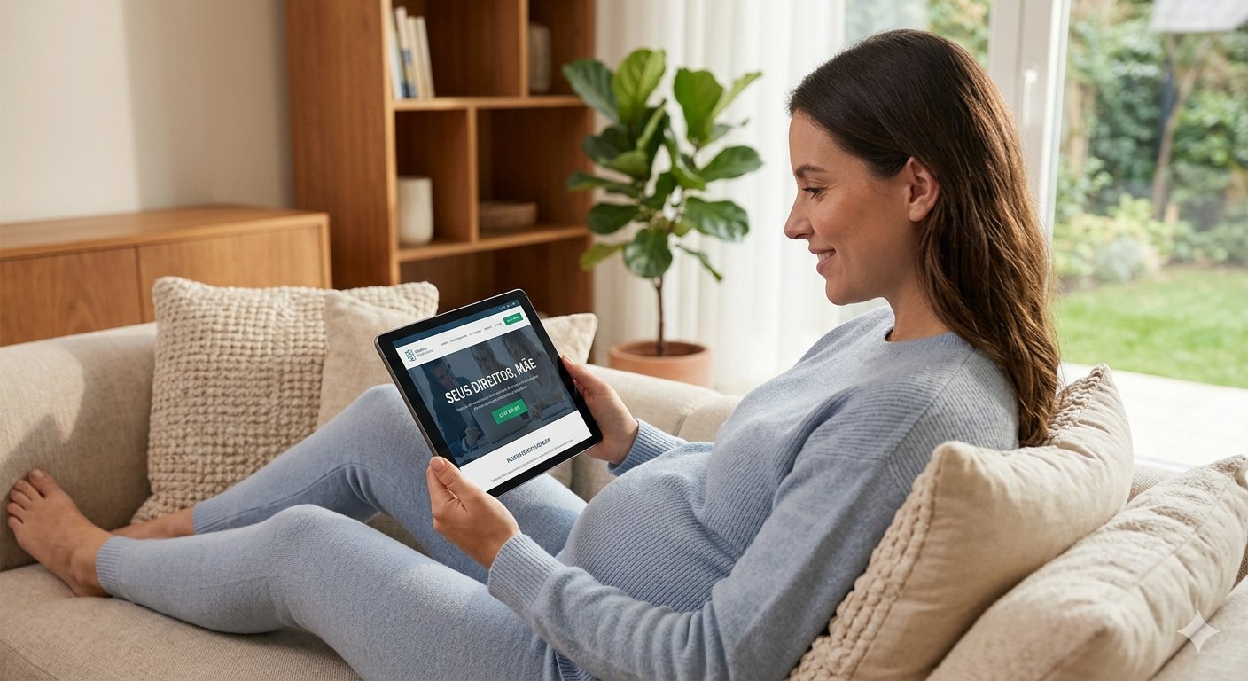 Mãe consultando seus direitos de casa